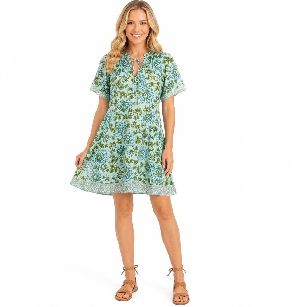 Clara‎ The Label Boho Feminine Mini Dress Blue Floral Block Print Sequin XS New